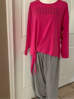 Puma Dark Pink Long Sleeve Tie-Hem Top with gray Lounge Pants  (both) 1X NWT!
